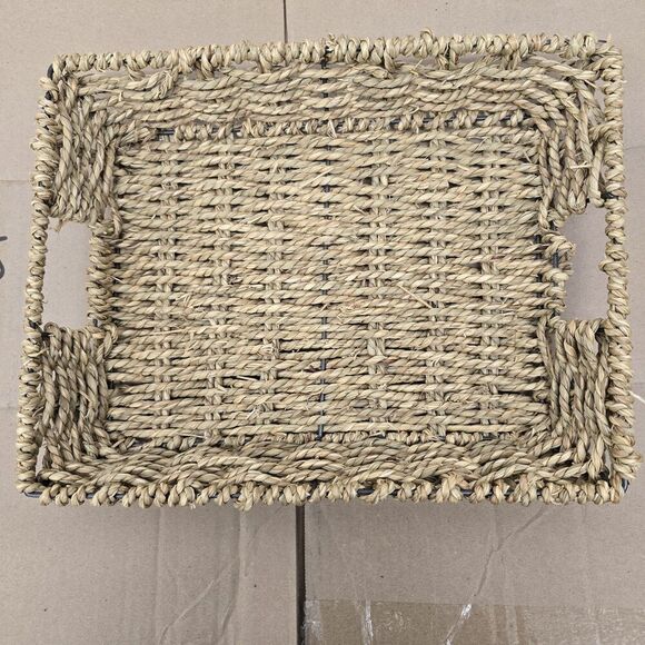 Wicker Rattan Basket Serving Tray Rectangle Metal Frame Storage Decor Woven - Picture 1 of 4